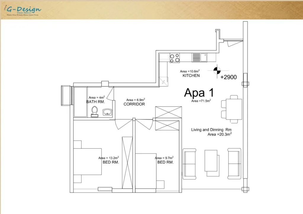 Apartment floor plan showing bedrooms, bathroom, corridor, kitchen and living-dining space