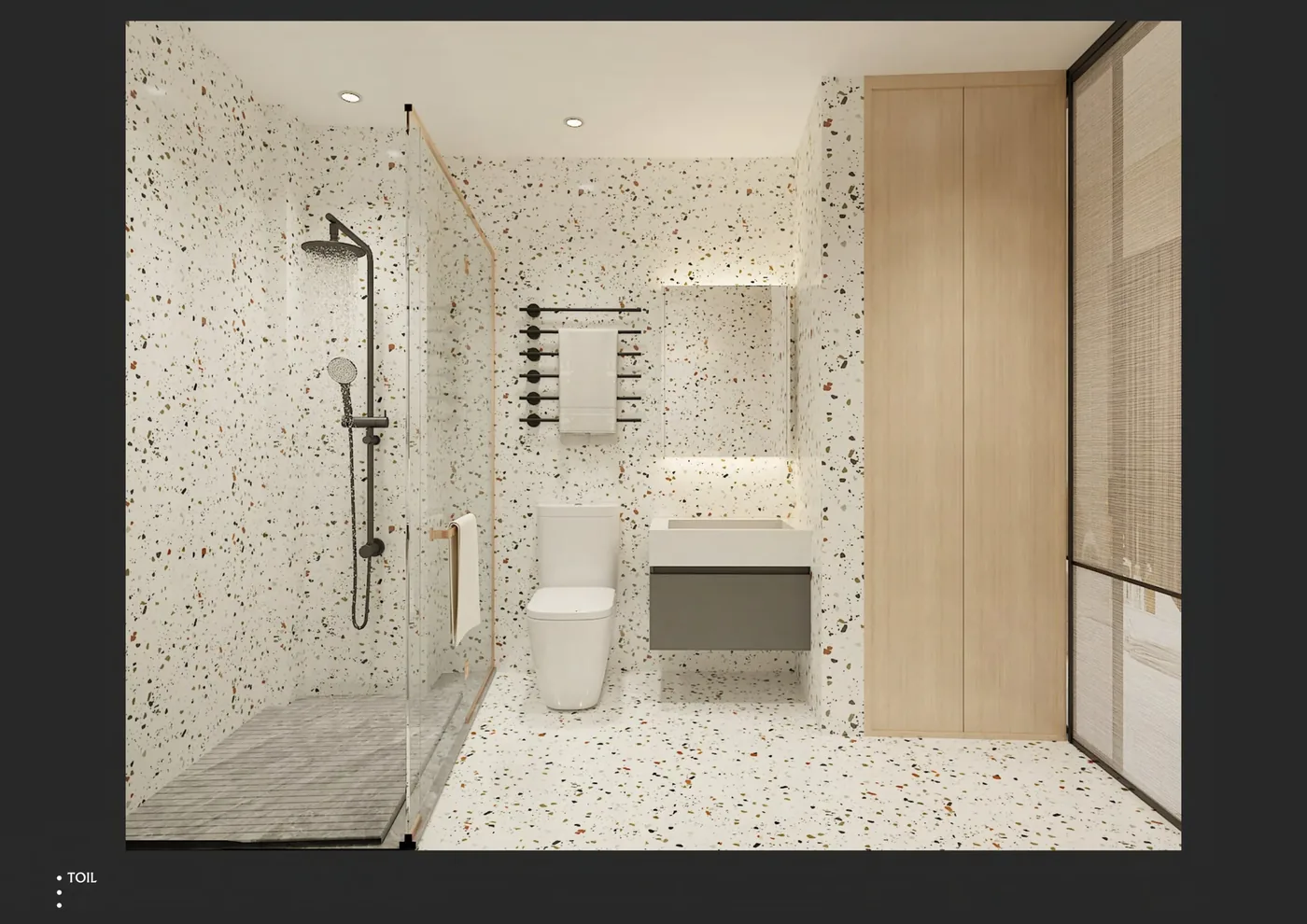 GEORGE Group bathroom design visual with a vanity, wall storage, toilet and shower zone