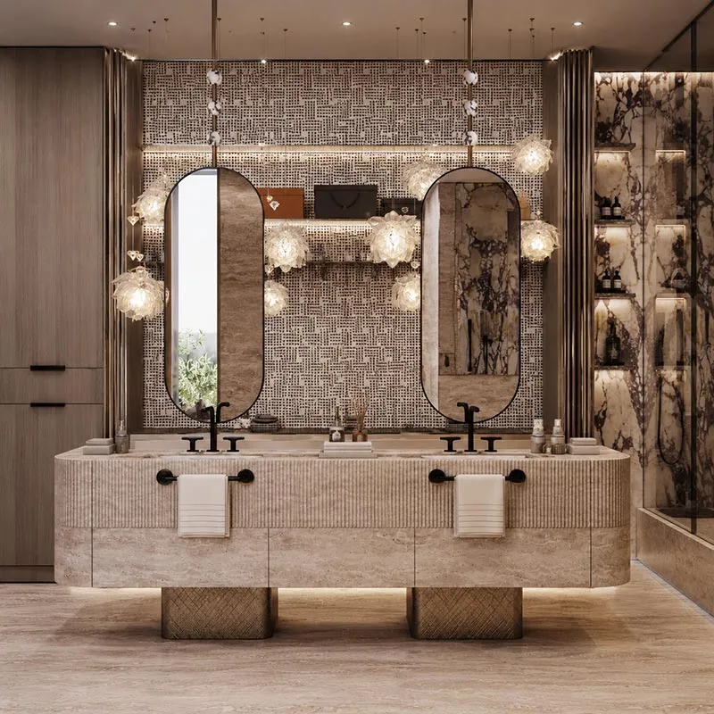 Bathroom cabinetry scene shown by GEORGE Group, with a long double-basin vanity, two mirrors and visible taps.