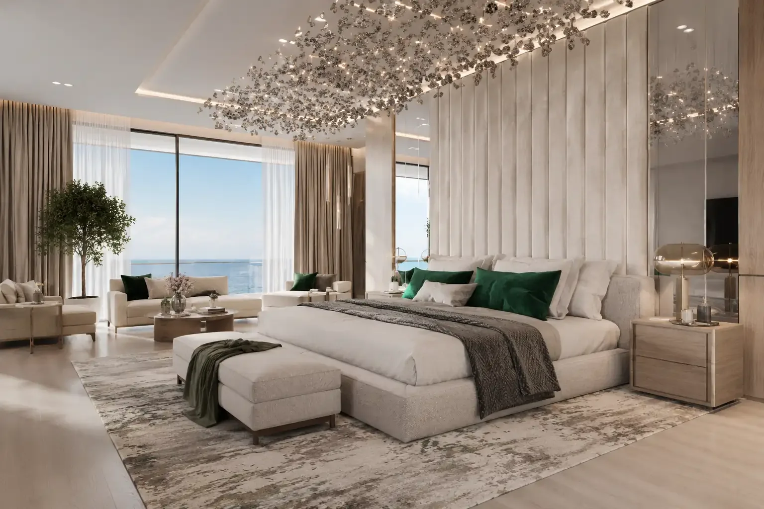 GEORGE Group bedroom furniture visual with bed, bedside tables, bench and chairs