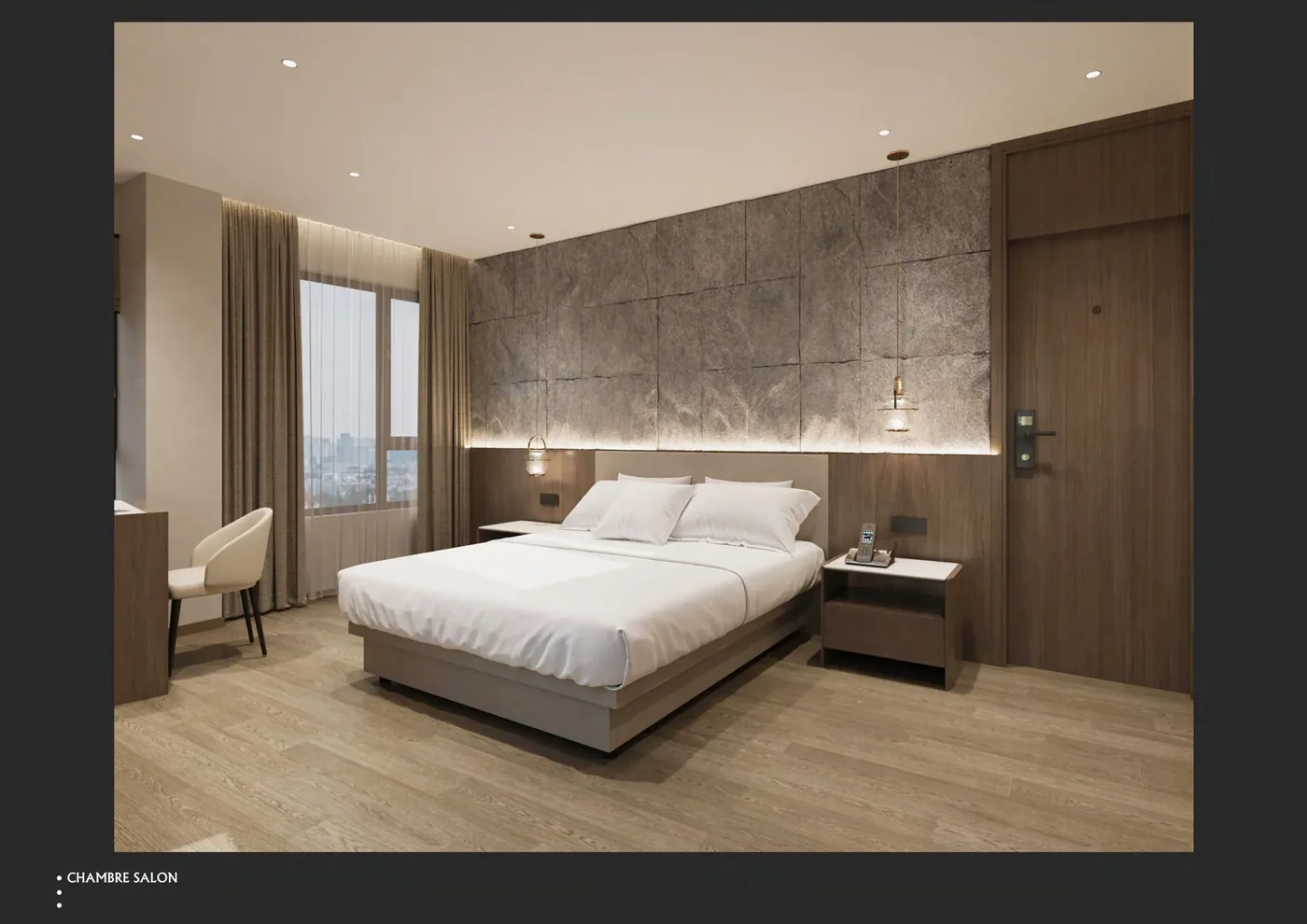 GEORGE Group bedroom visual with a large bed, upholstered headboard, bedside pieces and full-height wall panels