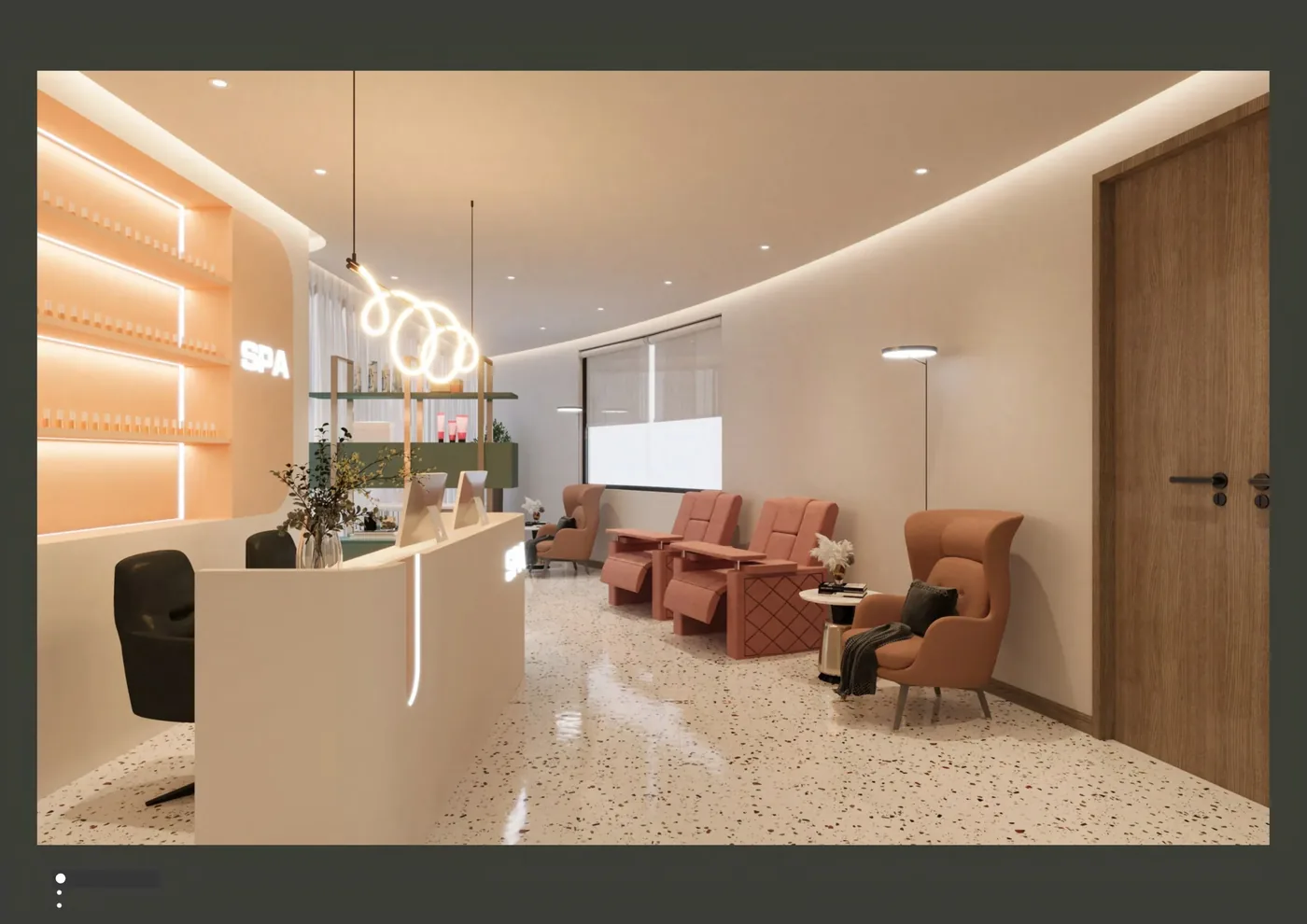 Compact reception visual with a front desk, guest chairs and illuminated wall