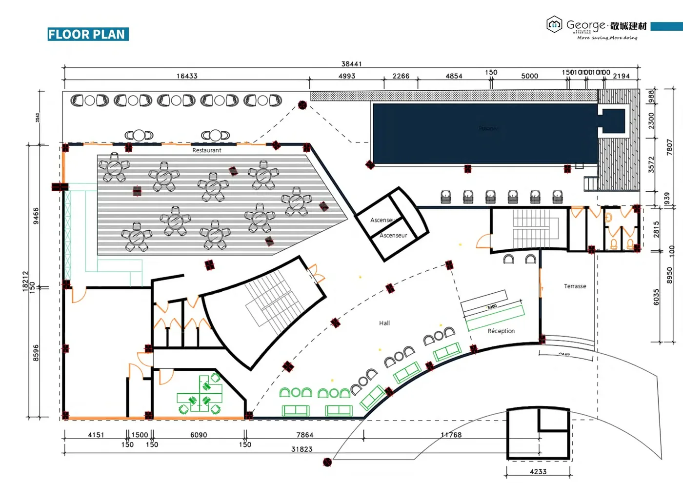 GEORGE Group Dogo Business Hotel floor plan with restaurant table-and-chair layouts, circulation areas and adjacent service spaces