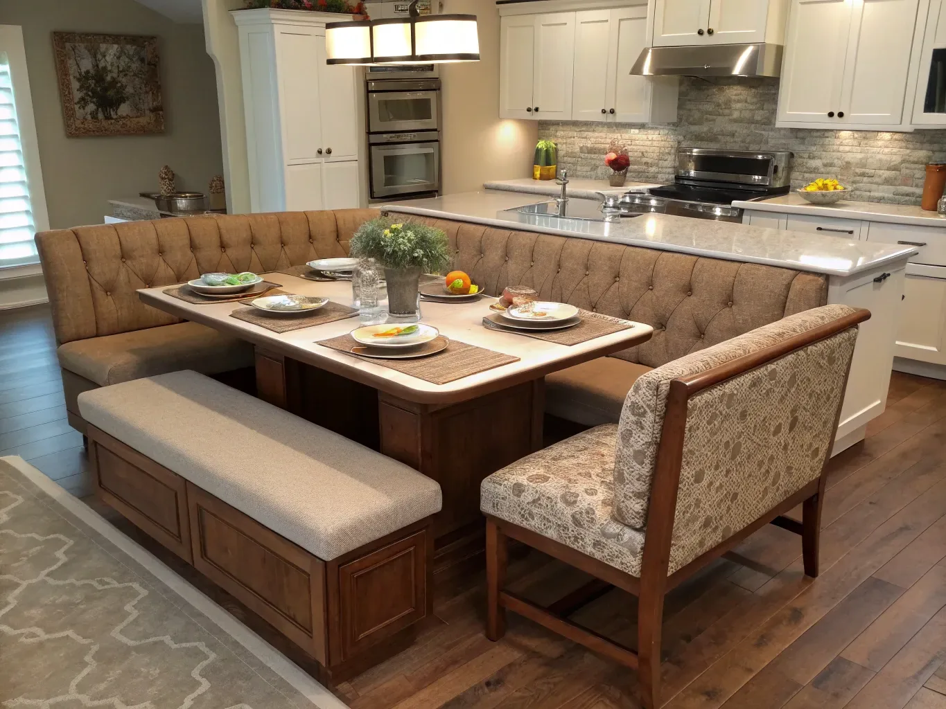 GEORGE Group visual with an L-shaped upholstered fixed bench, dining table and loose chairs