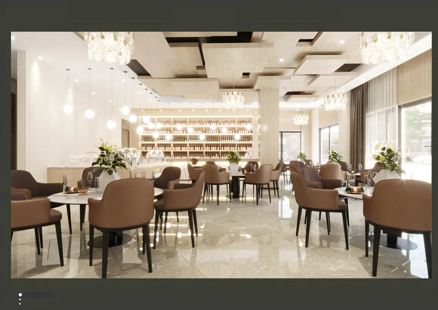 Bright hospitality dining or event visual with repeated tables and chairs