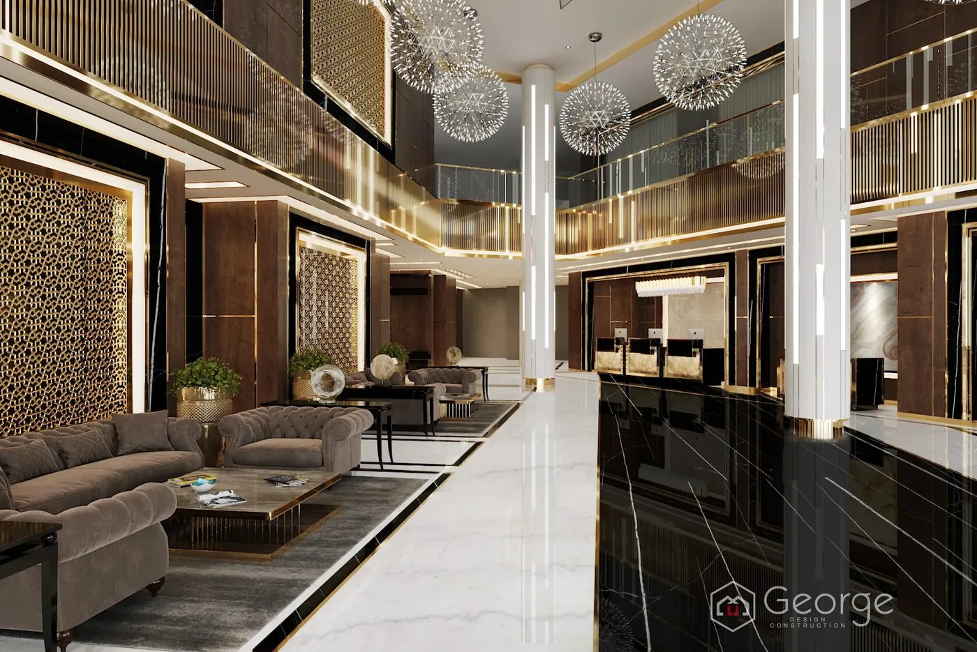 Large hospitality lobby visual with multiple sofa and table groups