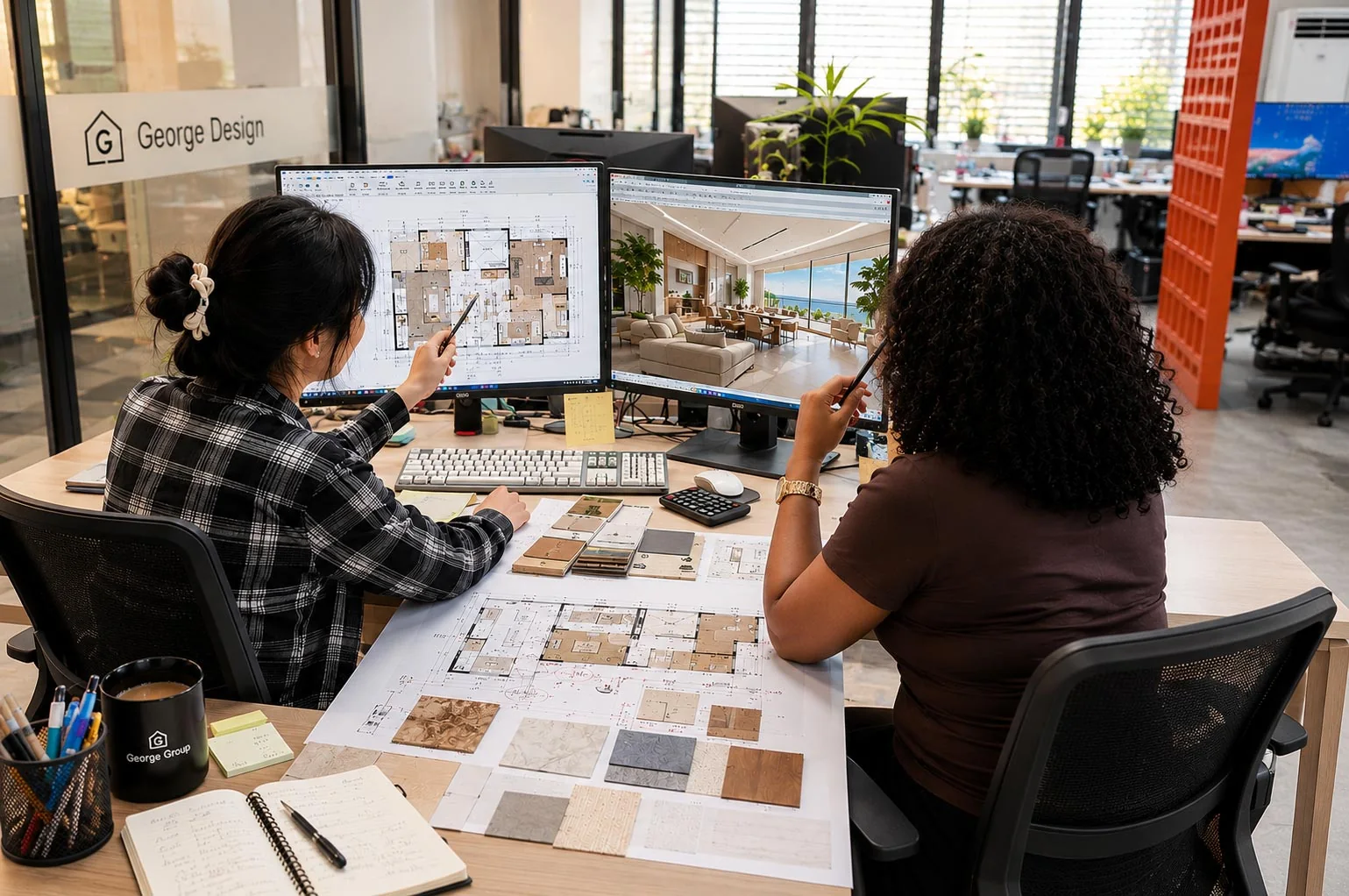 Two people reviewing interior images and material samples at computer screens