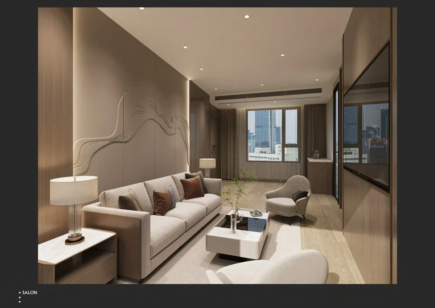 Hotel room visual with a bed, low cabinet, desk surface and full-height wall storage
