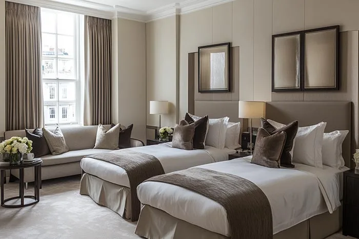 Guest-room setting with two upholstered beds, a shared bedside area and a sofa beside the window