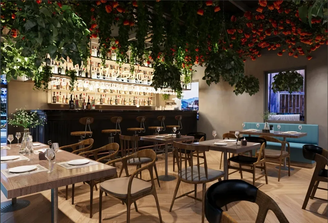 Hospitality dining visual with perimeter seating and closely spaced tables