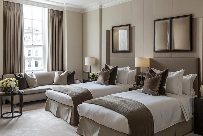 Hotel guest room with bed, casegoods, seating, lighting, curtains and decorative items visible