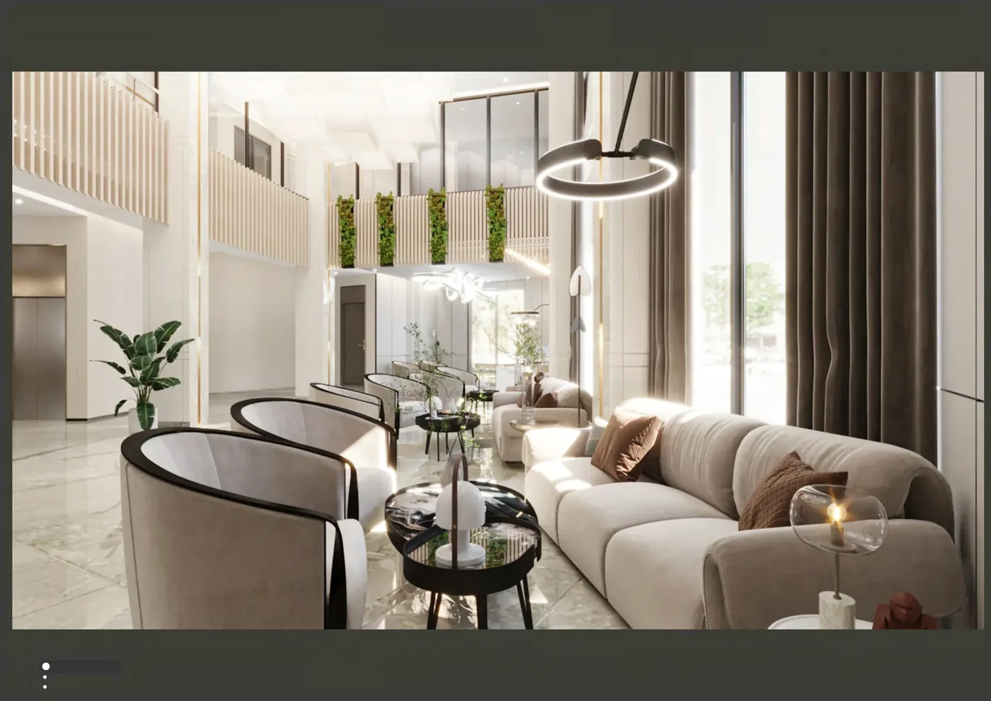 Compact lounge visual with a sofa, chairs and occasional tables