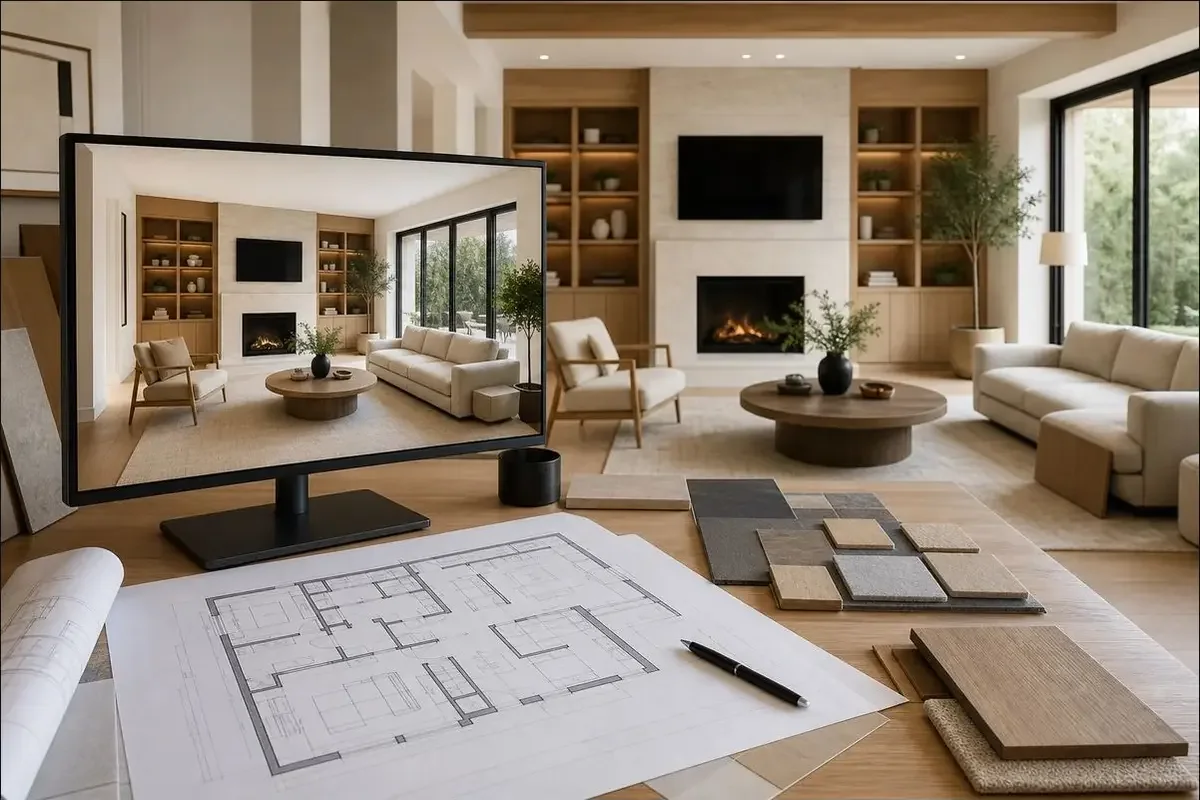 Material swatches, a floor plan and a room visualization arranged on a design review table