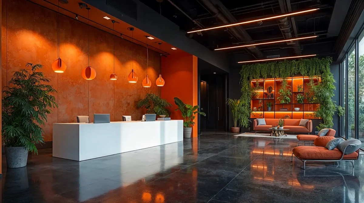 Modern hotel lobby visual with a long reception counter and lounge seating