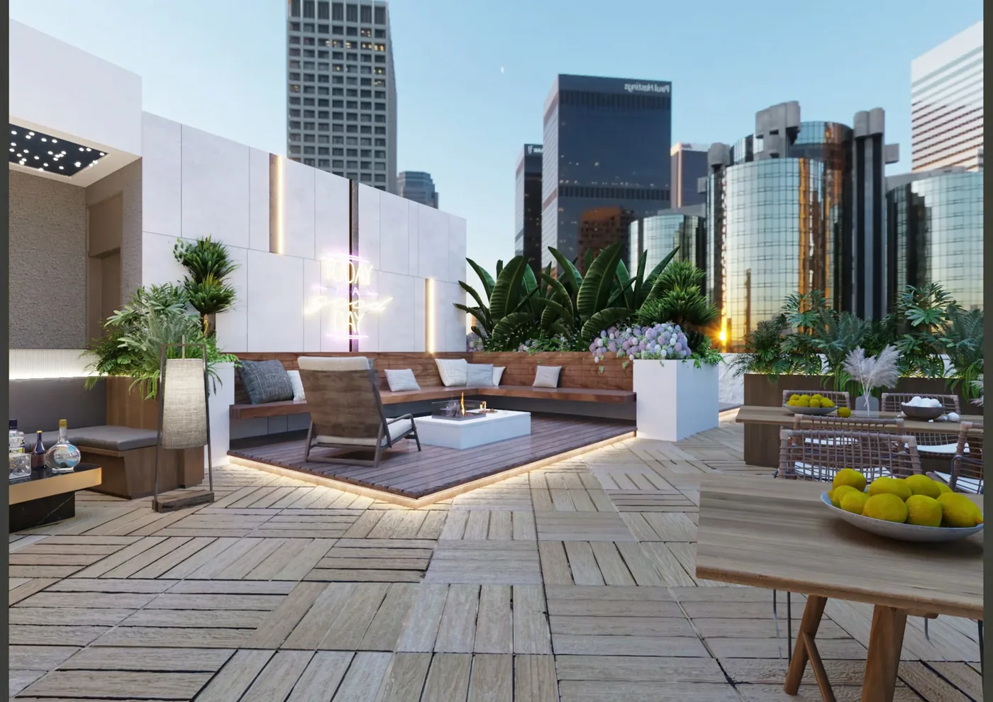 Rooftop hospitality visual with outdoor sofas, chairs and low tables
