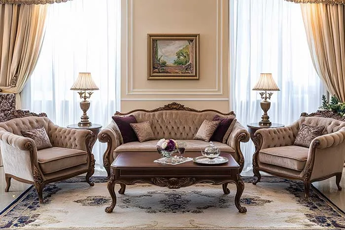 Coordinated sofa and armchairs with multiple upholstered surfaces in a GEORGE Group furniture visual