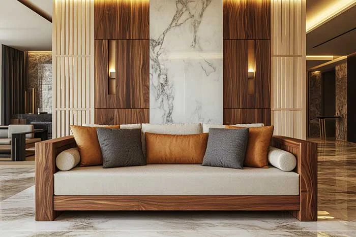 Hotel-style seating with prominent wood grain panels and marble-look wall surface in a GEORGE Group furniture visual