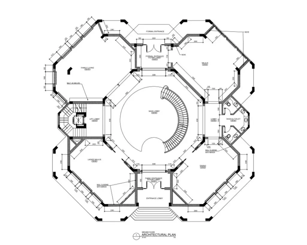 Architectural plan drawing with a central space and rooms arranged around it