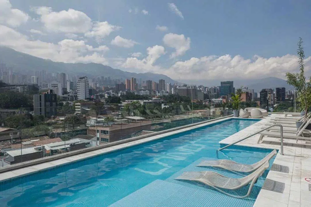Roof terrace with a long swimming pool, loungers and a city view