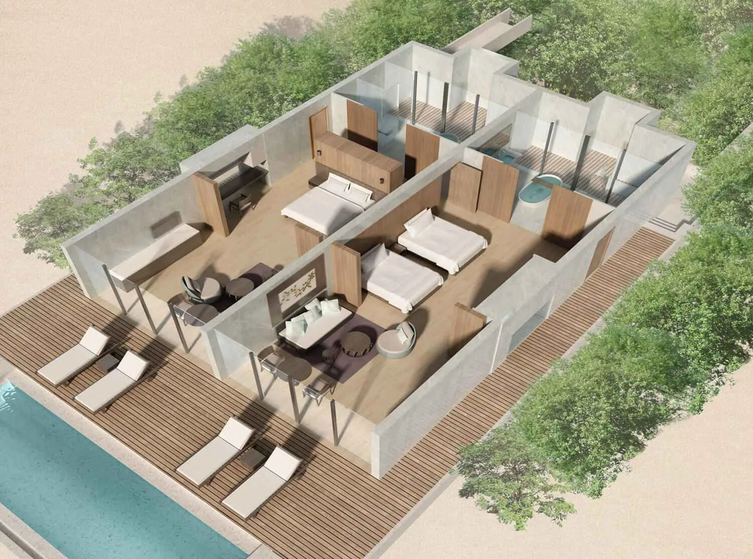 Three-dimensional villa layout showing bedroom, living, deck and pool zones