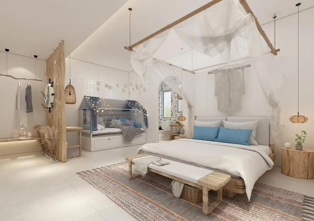 White guest bedroom with blue accents, timber details and draped bed canopy
