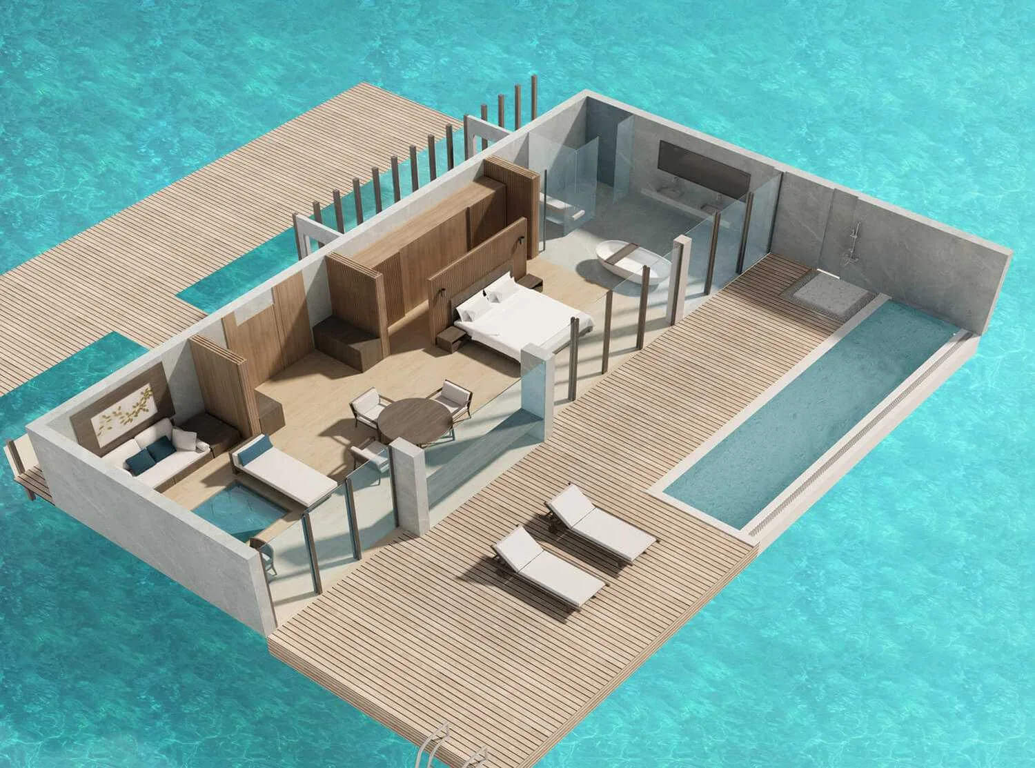 Three-dimensional water-villa layout with bedroom, terrace seating and plunge pool