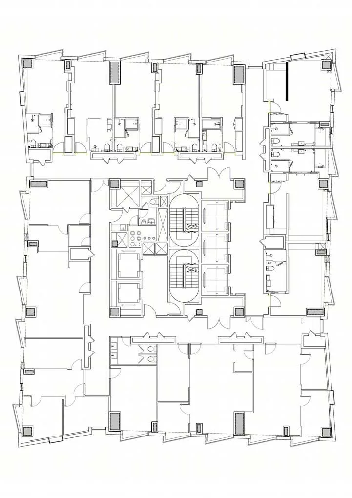 Public project floor-plan drawing with rooms arranged around a central core