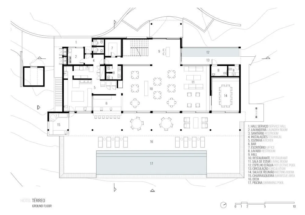 Public project ground-floor plan showing restaurant, pool and service zones