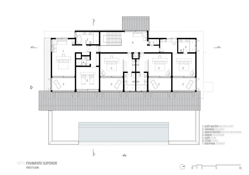 Public project upper-floor plan showing guest-room and circulation layout