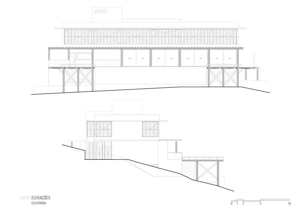 Public project elevation and section drawing for the timber resort building
