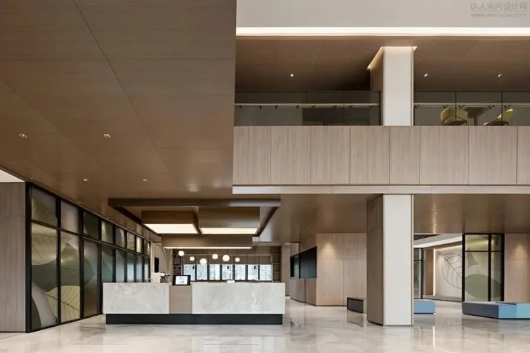 Contemporary hotel arrival hall with reception counters, seating and a double-height interior