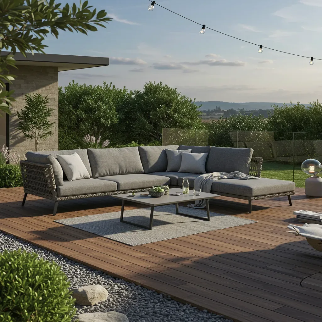 GEORGE Group outdoor visual with a sectional sofa and low table on a deck