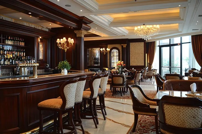 GEORGE Group hotel dining visual with a bar counter, stools, dining chairs and tables